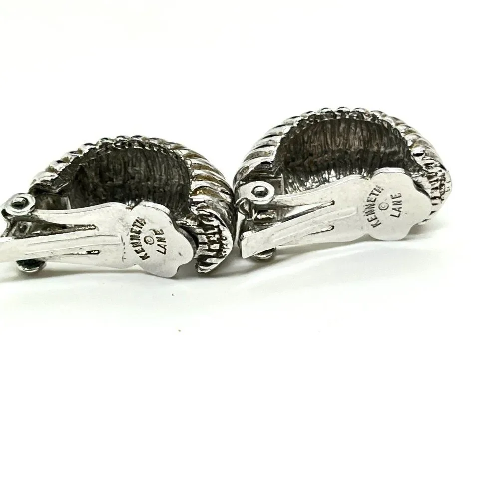 Vintage KENNETH JAY LANE Earrings KJL Silver Shrimp Hoop Ribbed Clip On_6
